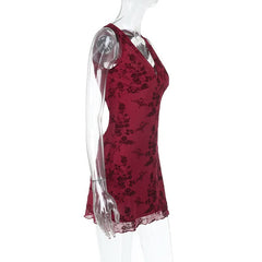 V neck sleeveless mesh mini dress