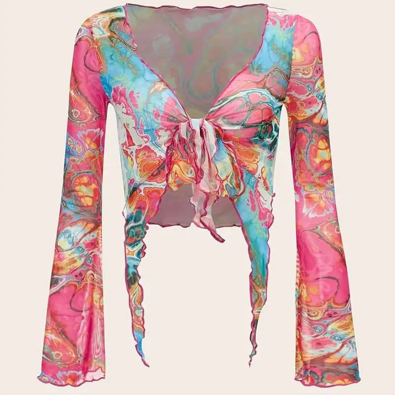 Long sleeve mesh contrast knotted ruffle top