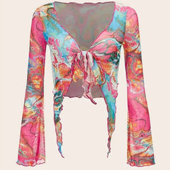 Long sleeve mesh contrast knotted ruffle top