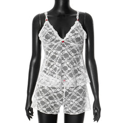 V neck lace see through cami short pant set