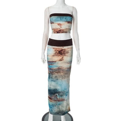 Contrast backless tube maxi skirt set