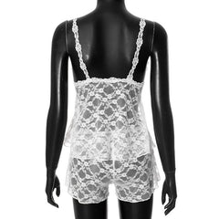 V neck lace see through cami short pant set