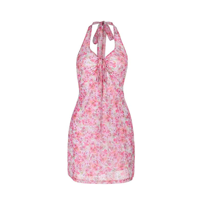 Halter flower print hollow out cut out mini dress