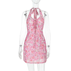 Halter flower print hollow out cut out mini dress