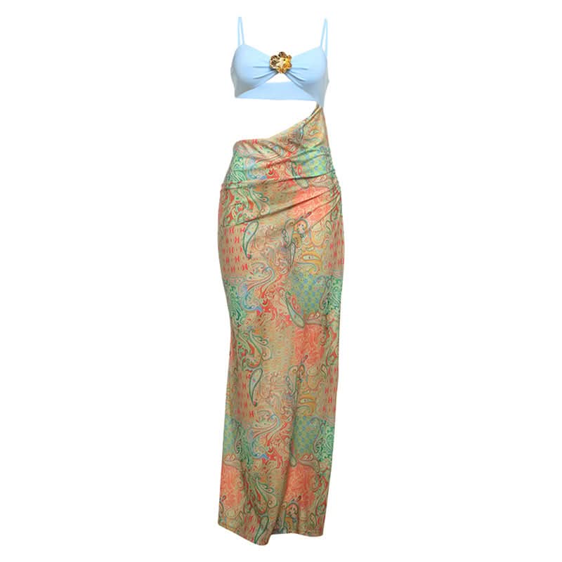 Flower applique hollow out cami cut out maxi dress