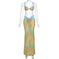 Contrast knotted 3 piece cami maxi skirt set