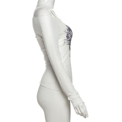 Off shoulder long sleeve mesh abstract top