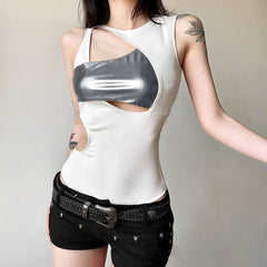 Hollow out sleeveless patchwork bodysuit