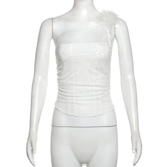 One shoulder fluffy mesh top