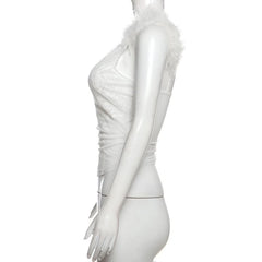 One shoulder fluffy mesh top