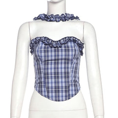 Plaid halter ruffle smocked top