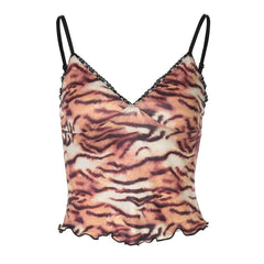 V neck tiger print ruffle cami top