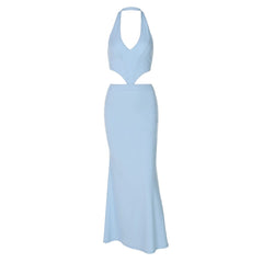 Halter v neck hollow out lace up cut out maxi dress