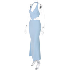 Halter v neck hollow out lace up cut out maxi dress