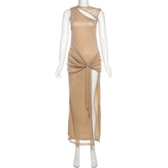 Crewneck hollow out glitter slit cut out maxi dress