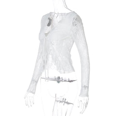 V neck long sleeve lace self tie top