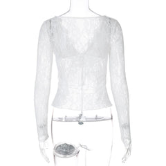 V neck long sleeve lace self tie top