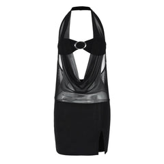 Halter mesh patchwork slit mini dress