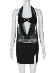 Halter mesh patchwork slit mini dress