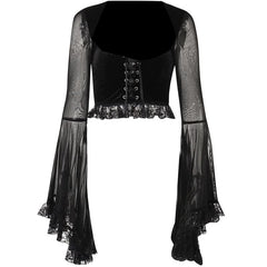 Long flared sleeve lace up ruffle top