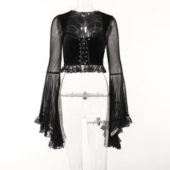 Long flared sleeve lace up ruffle top