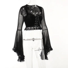 Long flared sleeve lace up ruffle top