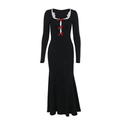 Long sleeve bowknot hollow out lace hem cut out maxi dress