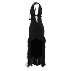Halter hollow out ruched mesh ruffle backless cut out maxi dress