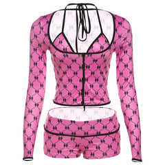 Long sleeve halter print 3 piece short pant set