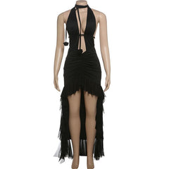 Halter hollow out ruched mesh ruffle backless cut out maxi dress