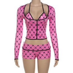 Long sleeve halter print 3 piece short pant set