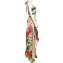 Halter flower print ruffle slit maxi dress