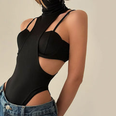 High neck hollow out 2 piece cami bodysuit