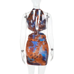 Halter v neck contrast ruched mini dress