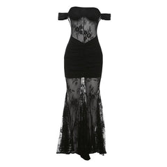 Off shoulder lace mesh zip-up maxi dress