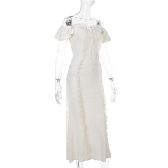 Off shoulder lace hem ruffle maxi dress