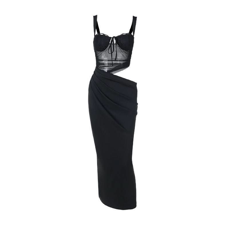 Hollow out mesh ruched cami cut out maxi dress