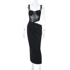 Hollow out mesh ruched cami cut out maxi dress
