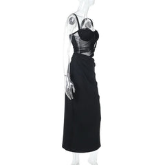 Hollow out mesh ruched cami cut out maxi dress