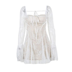 Long flared lace self tie mini dress
