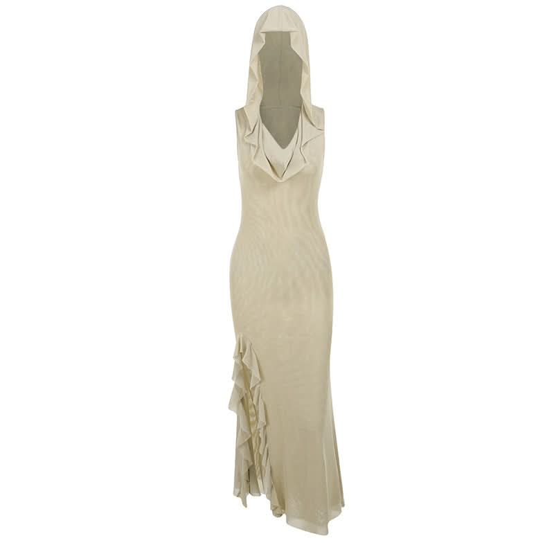 Hoodie sheer mesh slit ruffle maxi dress