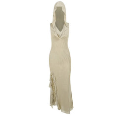 Hoodie sheer mesh slit ruffle maxi dress