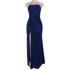 Glitter ruched high slit tube maxi dress