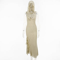 Hoodie sheer mesh slit ruffle maxi dress