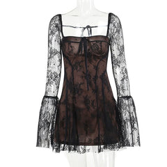 Long flared lace self tie mini dress