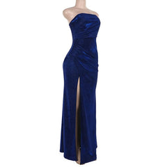 Glitter ruched high slit tube maxi dress