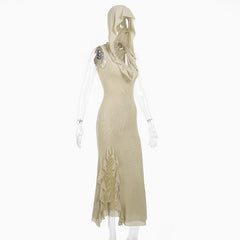 Hoodie sheer mesh slit ruffle maxi dress