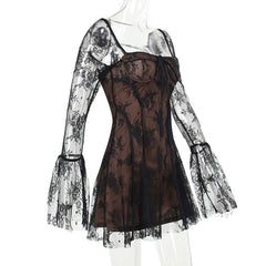 Long flared lace self tie mini dress