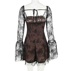 Long flared lace self tie mini dress