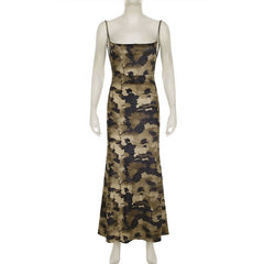 Print velvet backless contrast cami maxi dress